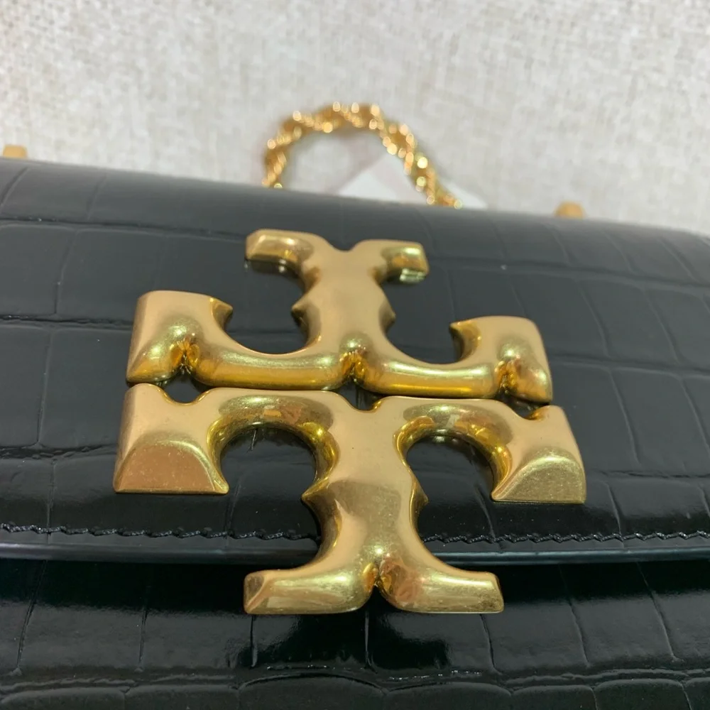 Tory Burch Black Croc-Embossed Mini Shoulder Bag with Gold Logo